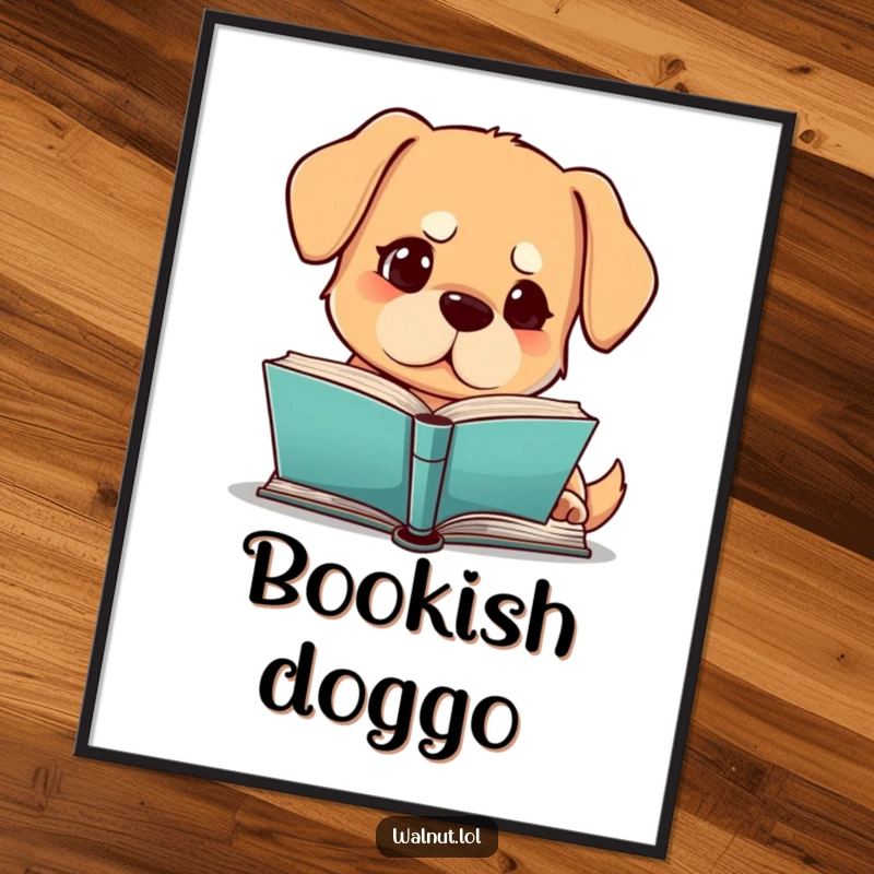 Funny dog digital art print of a dog intensely reading a book with a furrowed brow, conveying intelligence, perfect gift.