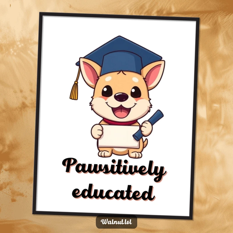Funny Digital Art Print of a dog wearing a graduation cap, excitedly holding a diploma. Conveys pride and humorous celebration.