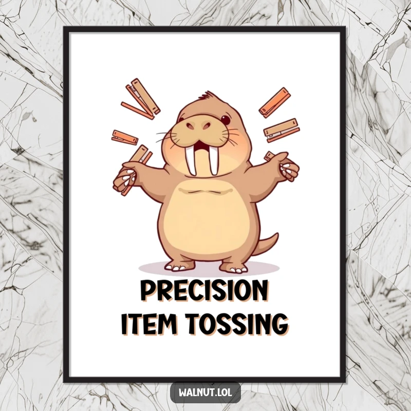 Funny digital art print of a walrus juggling staplers, bringing a humorous and playful vibe to any room.