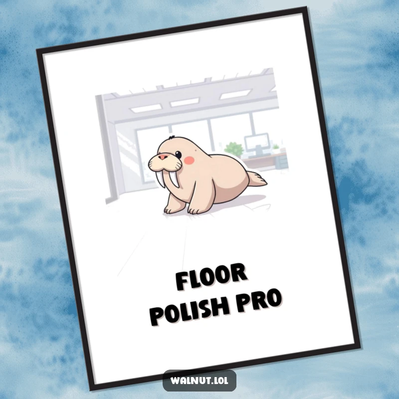 Funny digital art print of a walrus sliding across a polished office floor, bringing a humorous and playful vibe to any room.