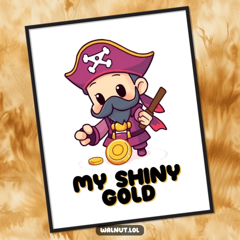 Funny Pirate Digital Art Print of a character finding a shiny gold coin, capturing the excitement of treasure discovery and wealth.