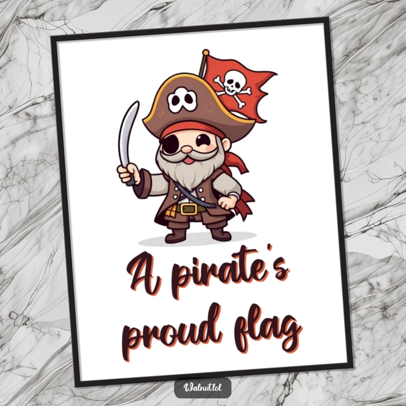 Funny Pirate Digital Art Print of a character happily waving a Jolly Roger flag, capturing the spirit of nautical adventure.