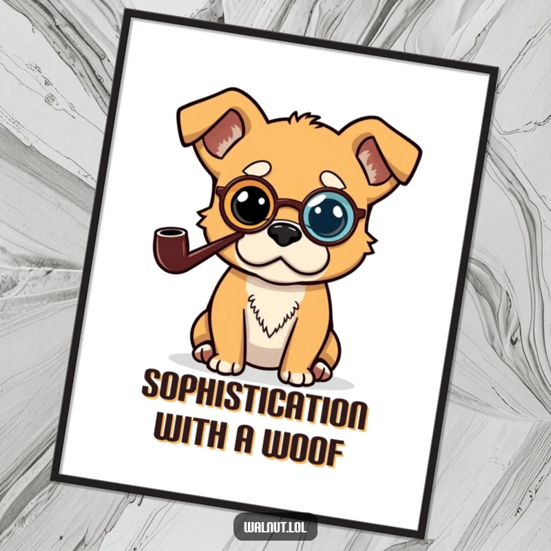 Funny digital art print of a dog with a monocle and pipe, looking extremely thoughtful and intelligent, perfect for framing.