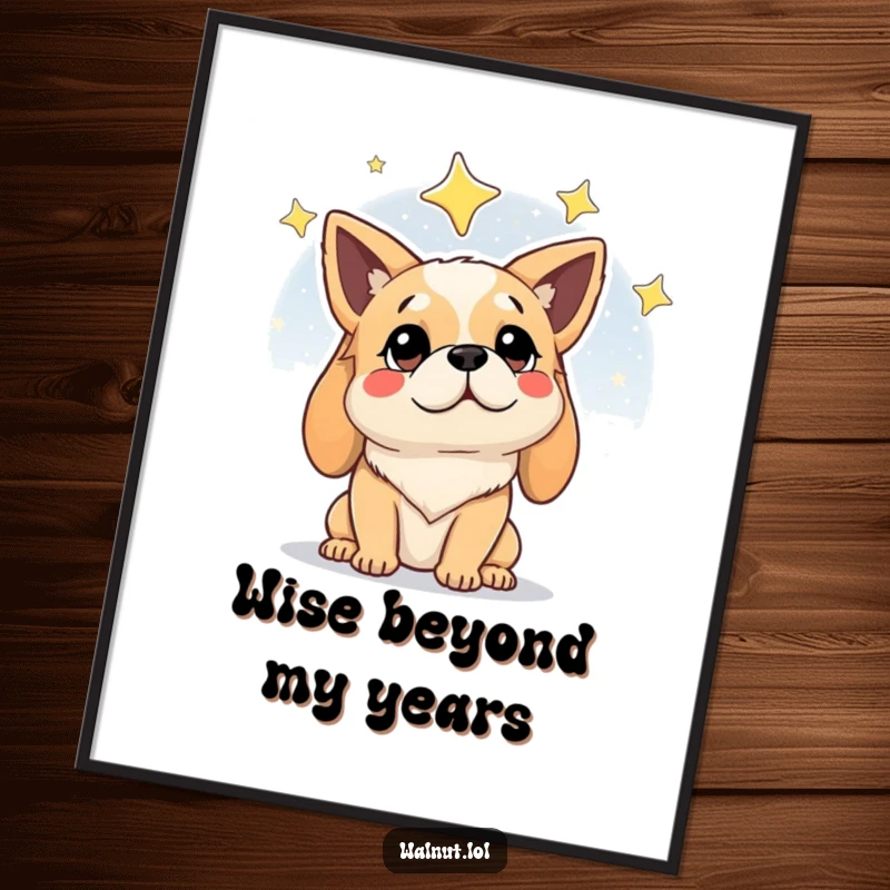 Funny digital art print of a dog looking up at a vast starry night sky with a wise and contemplative expression.