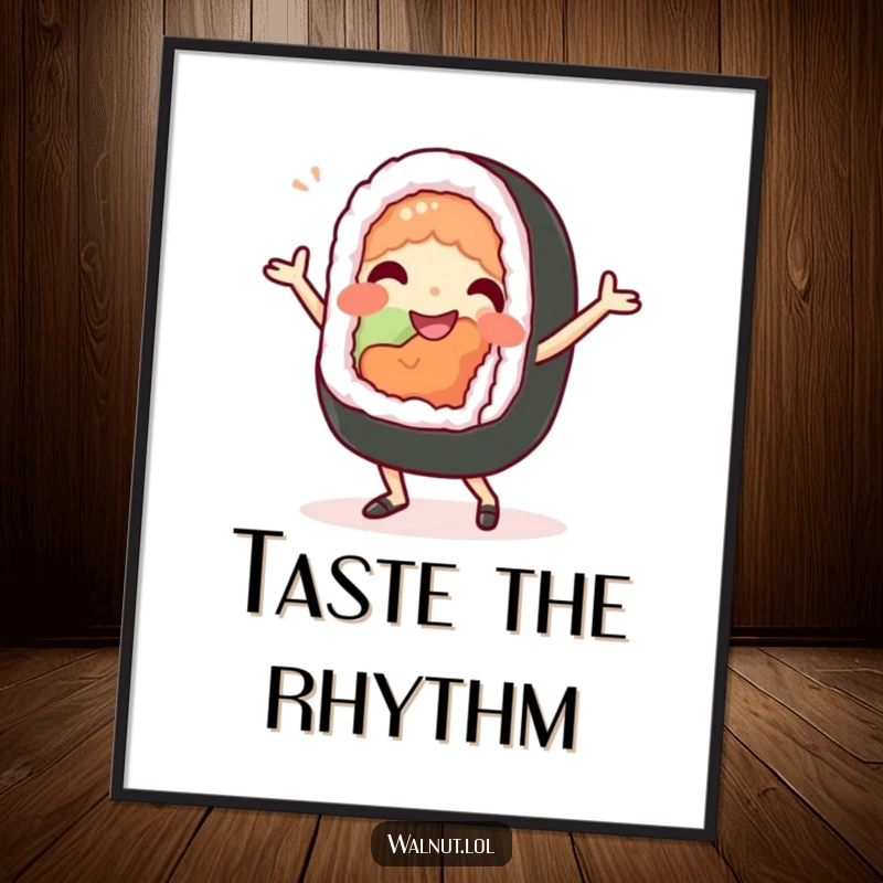 Funny Digital Art: A beaming sushi roll character performs a silly dance, capturing pure, delicious, humorous joy.