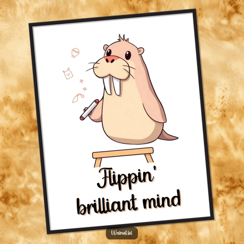 Funny walrus artist character humorously sketching ideas on a whiteboard, ideal for instant digital art print decor.