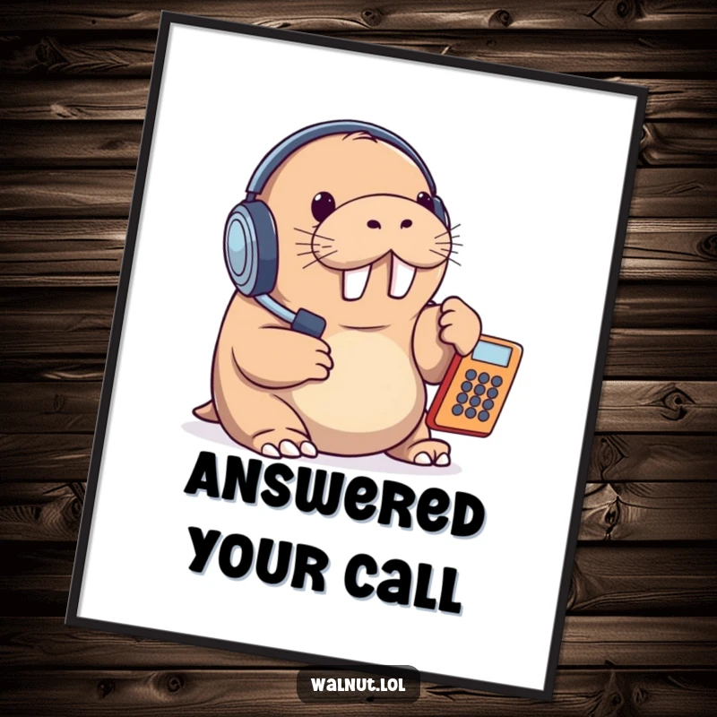 Funny digital art print of a walrus wearing a headset and answering a phone, bringing a humorous and playful vibe to any room.