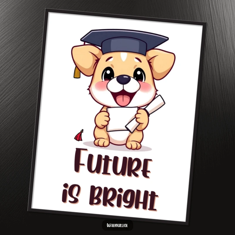 Funny graduation dog digital art print of an excited dog in a cap holding a diploma, ready to be displayed.