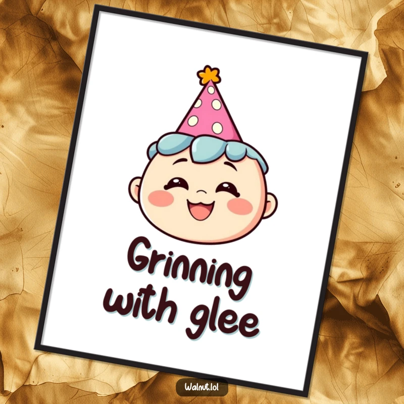 Funny digital art print of a character wearing a party hat with a silly grin, offering instant festive humor.