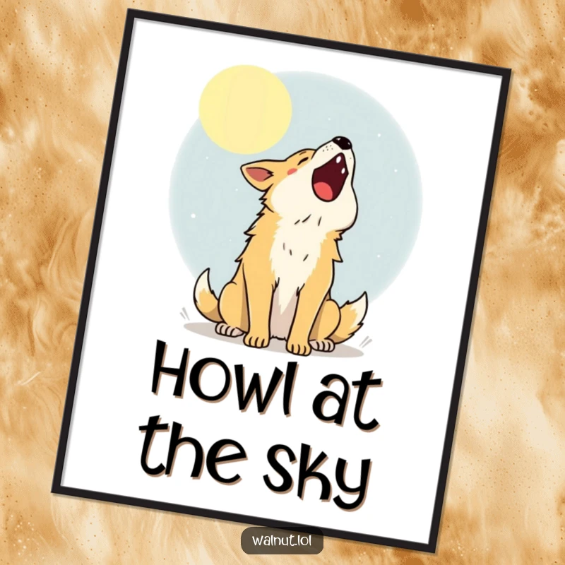 Funny Digital Art Print of a wild dog howling joyfully at the moon, capturing the wonder of the night.