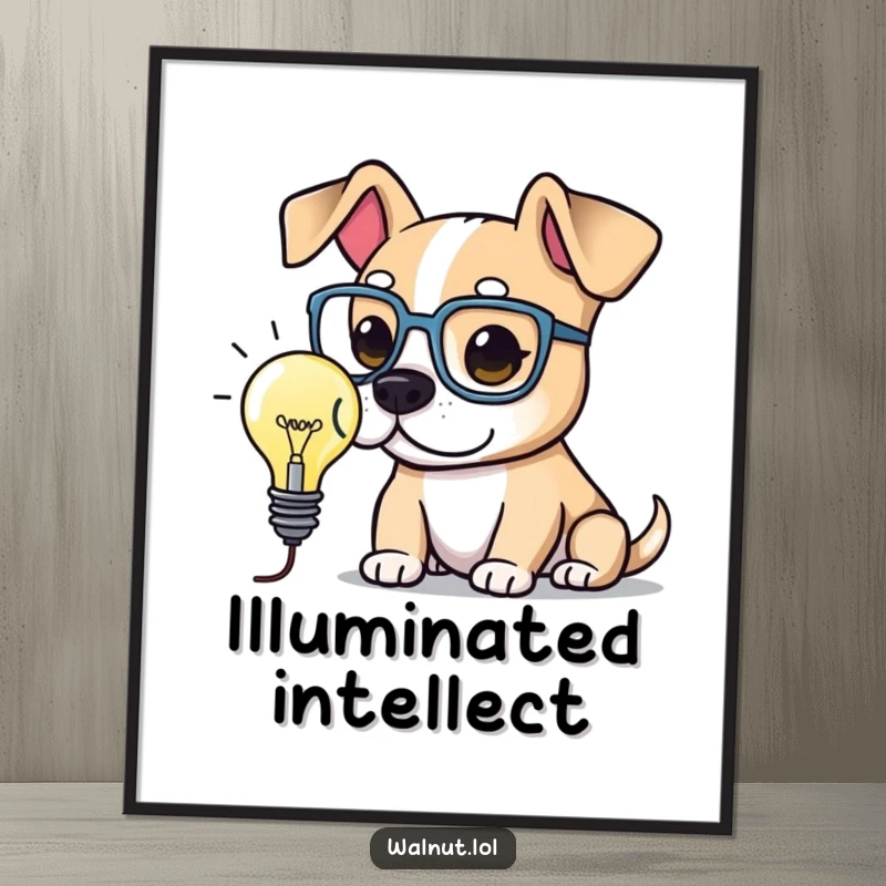 Funny Digital Art Print of a dog wearing large spectacles, contemplating a glowing lightbulb. Conveys intelligence and humor.