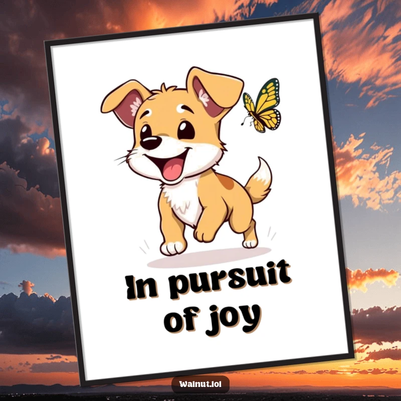 Funny dog digital art print of a wild dog with floppy ears joyfully chasing a butterfly, ready to frame.
