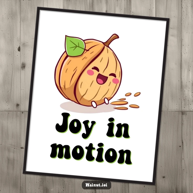 Funny digital art print of a walnut character comically rolling downhill, leaving a trail of laughter.