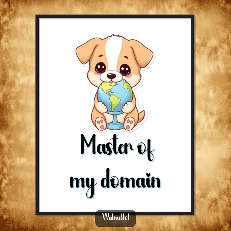 Funny digital art print of a dog holding a tiny globe with a thoughtful and wise expression, representing global awareness.