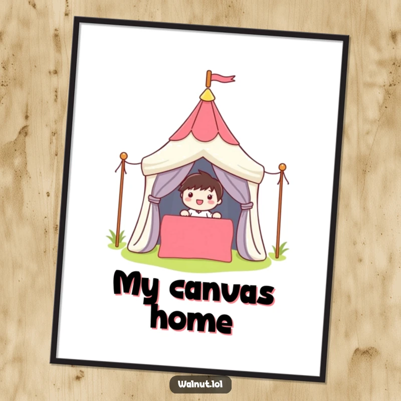 Funny Digital Art Print of a cute character smiling while setting up a colorful tent, perfect for adding adventure humor.