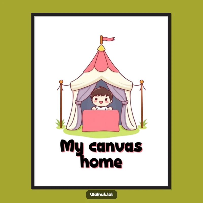 Funny Camper Digital Art: Cute Character's Tent Setup Print