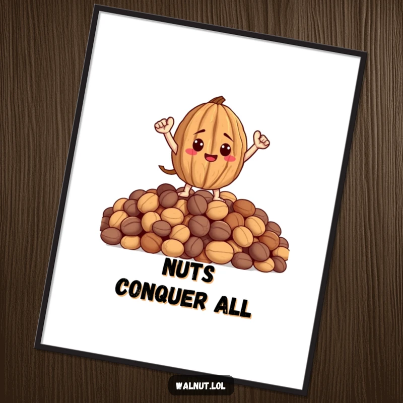 Funny digital art print of a walnut character striking a heroic pose on a pile of nuts, ready for digital display.