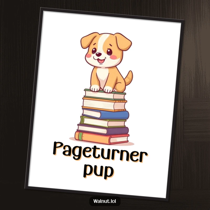 Funny dog digital art print with a dog balancing on a tilted stack of books, whimsical art.
