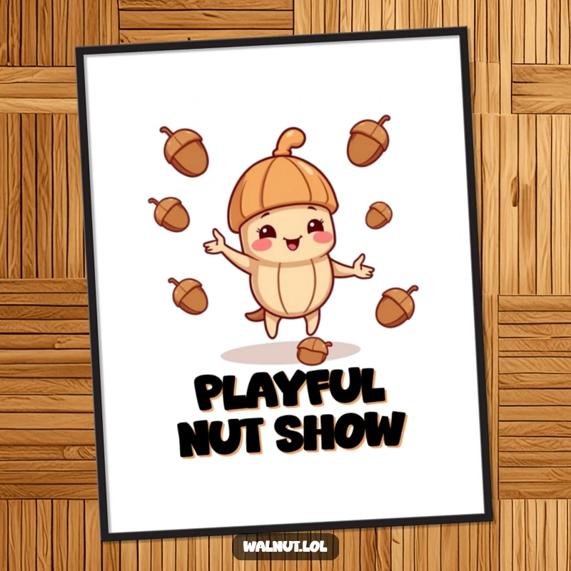 Funny digital art print of a walnut wearing a jaunty cap, playfully juggling acorns with skill.