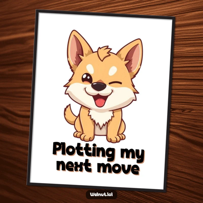 Funny Digital Art Print of a wild dog giving a sly, mischievous wink. Conveys playfulness and humor.