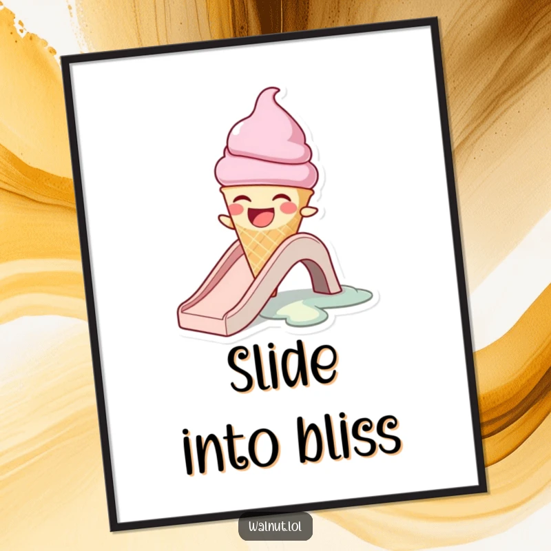 Funny digital art print of a laughing ice cream cone character melting on a slide, a humorous and vibrant piece for instant download.