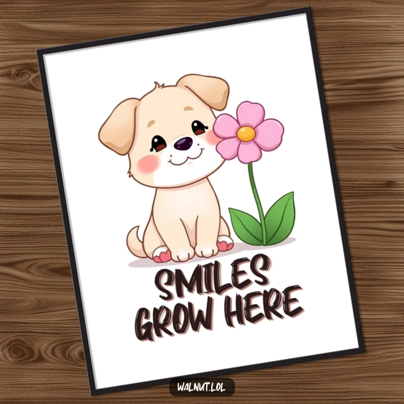 Funny digital art print of a dog smiling serenely at a flower, symbolizing peace, nature, and heartwarming humor.