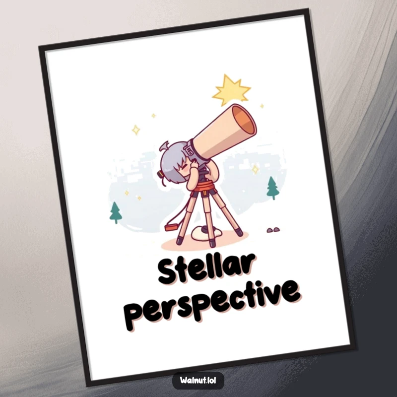 Funny Digital Art Print of a cute character stargazing with a giant telescope, perfect for adding cosmic humor.