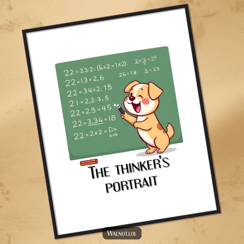 Funny digital art print of a dog excitedly scribbling complex mathematical equations on a chalkboard, perfect for humorous wall decor.