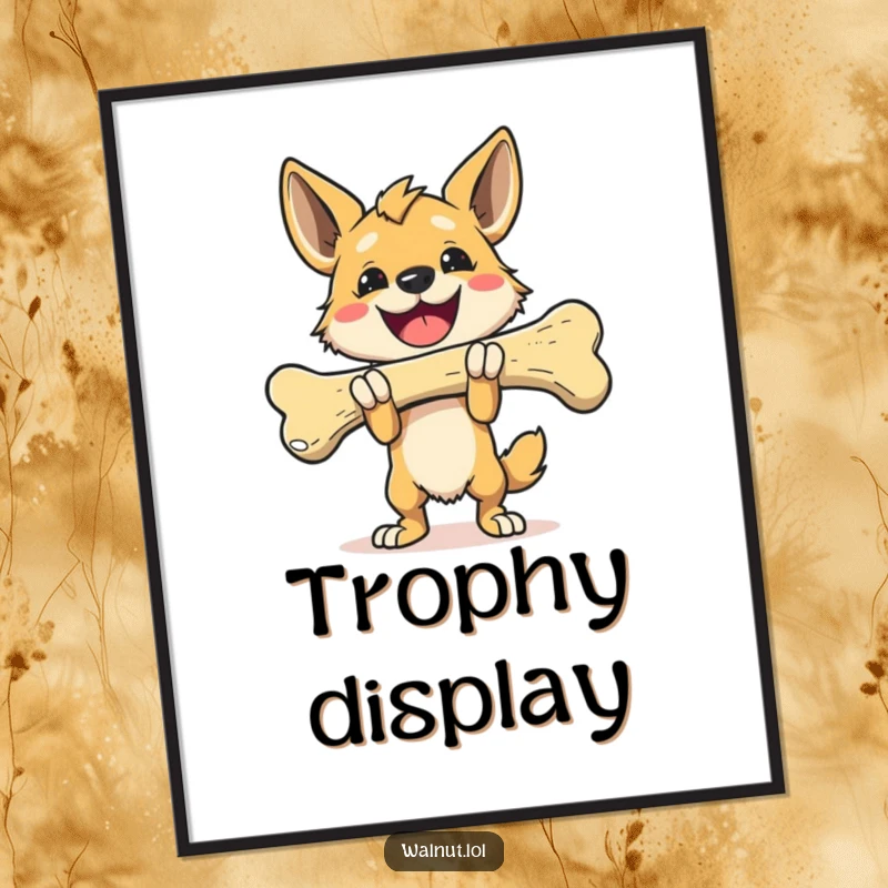 Funny Digital Art Print of a wild dog carrying a giant bone triumphantly, symbolizing peak achievement and success.