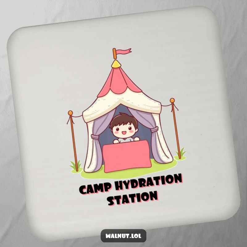 Funny Drink Coasters with a cute character smiling while setting up a colorful tent, protecting surfaces with charm.