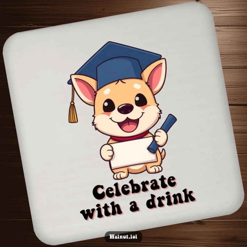 Funny Drink Coaster featuring a dog in a graduation cap, excitedly holding a diploma. Adds a touch of humor and protection.