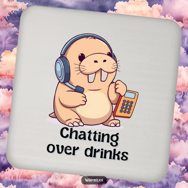 Funny drink coaster with a walrus wearing a headset and answering a phone, a humorous and practical addition to any desk or table.