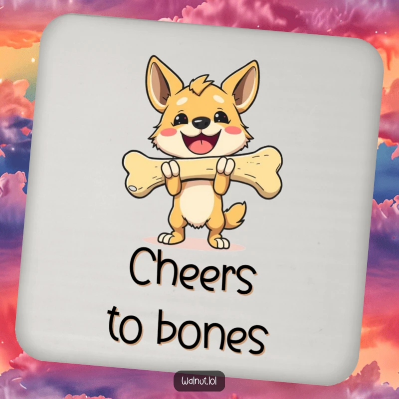 Funny Coasters showing a triumphant dog carrying a giant bone, perfect for adding a touch of victory decor.
