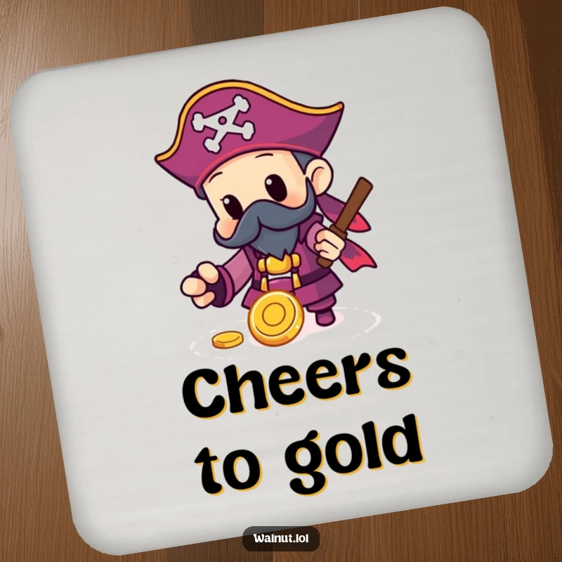 Funny Pirate Coaster featuring a character finding a shiny gold coin, perfect for protecting surfaces with pirate treasure style.