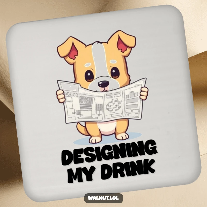 Funny drink coaster showcasing a dog holding a complex blueprint with a curious look, adding a touch of architectural humor.