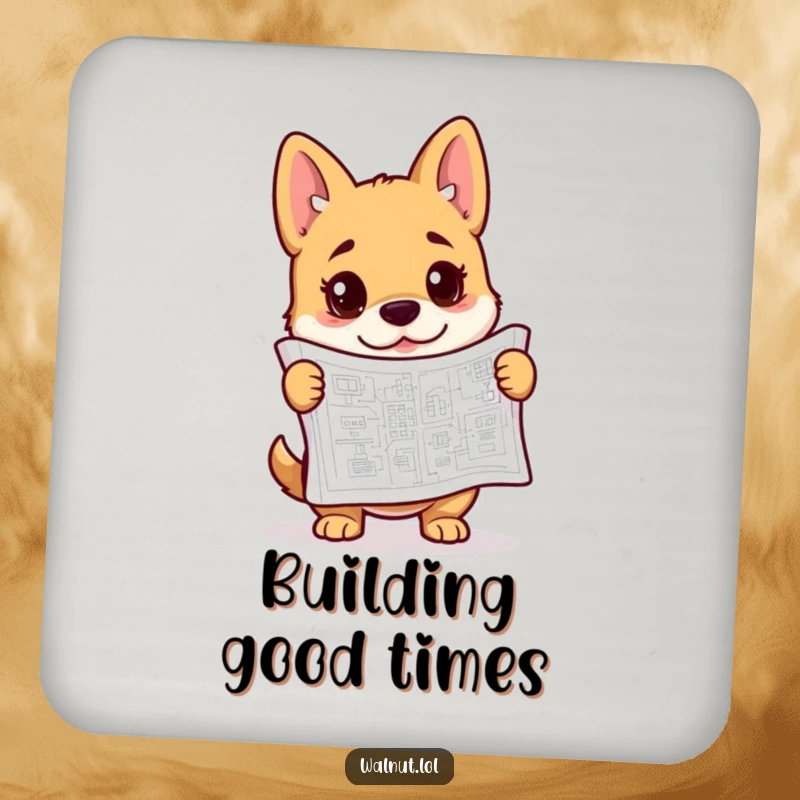 Funny blueprint dog coaster with a dog examining a blueprint, adding a touch of intellect and humor to tables.