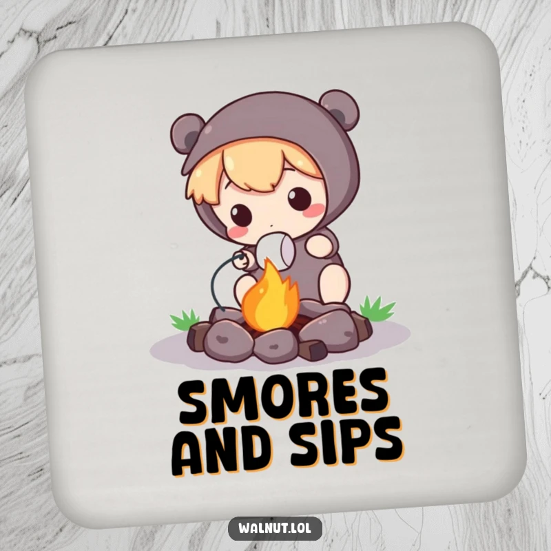 Funny Drink Coasters with a cute character roasting a marshmallow over a tiny campfire, protecting surfaces with charm.