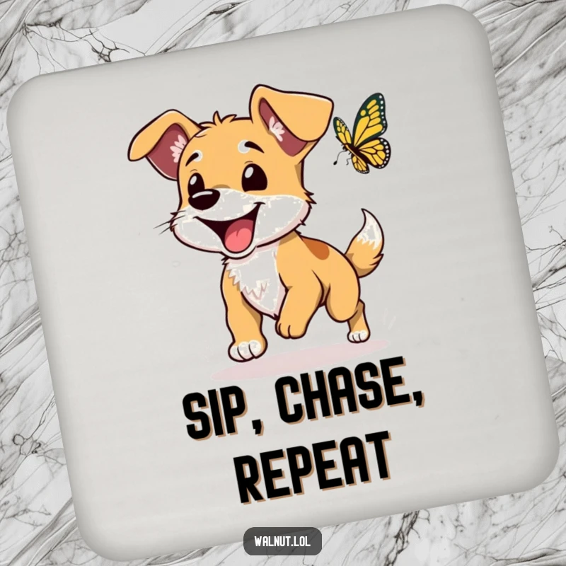 Funny dog coasters featuring a wild dog with floppy ears chasing a butterfly, protecting surfaces with charm.