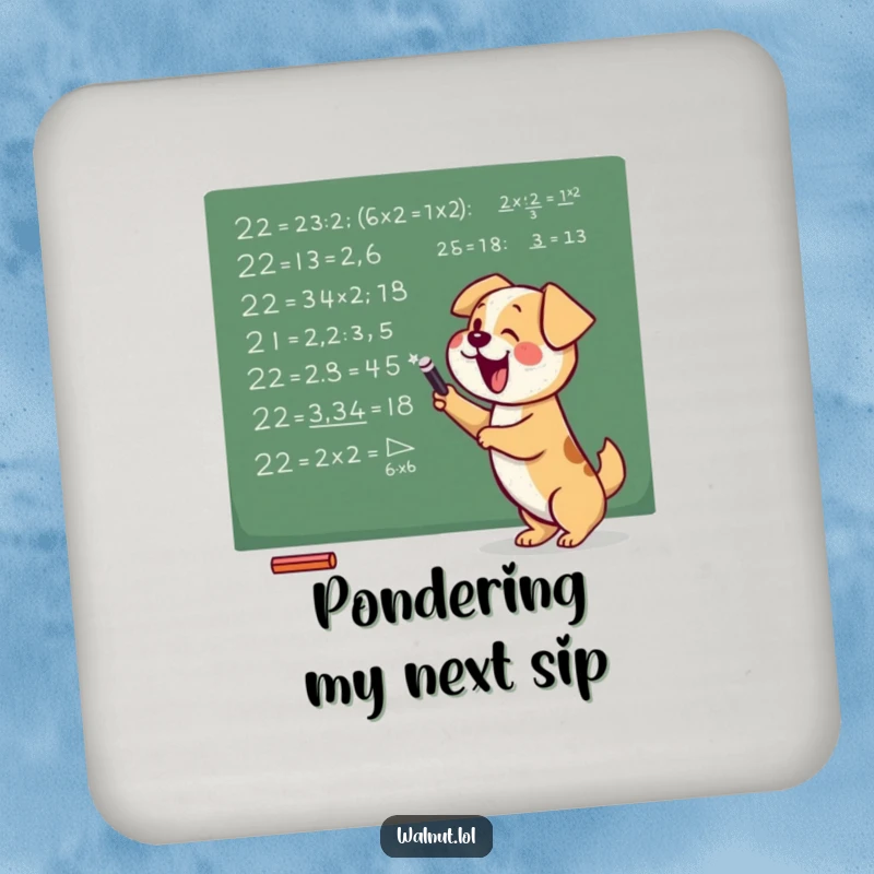 Funny drink coaster showcasing a dog diligently writing mathematical equations on a chalkboard, adding smart humor to any surface.