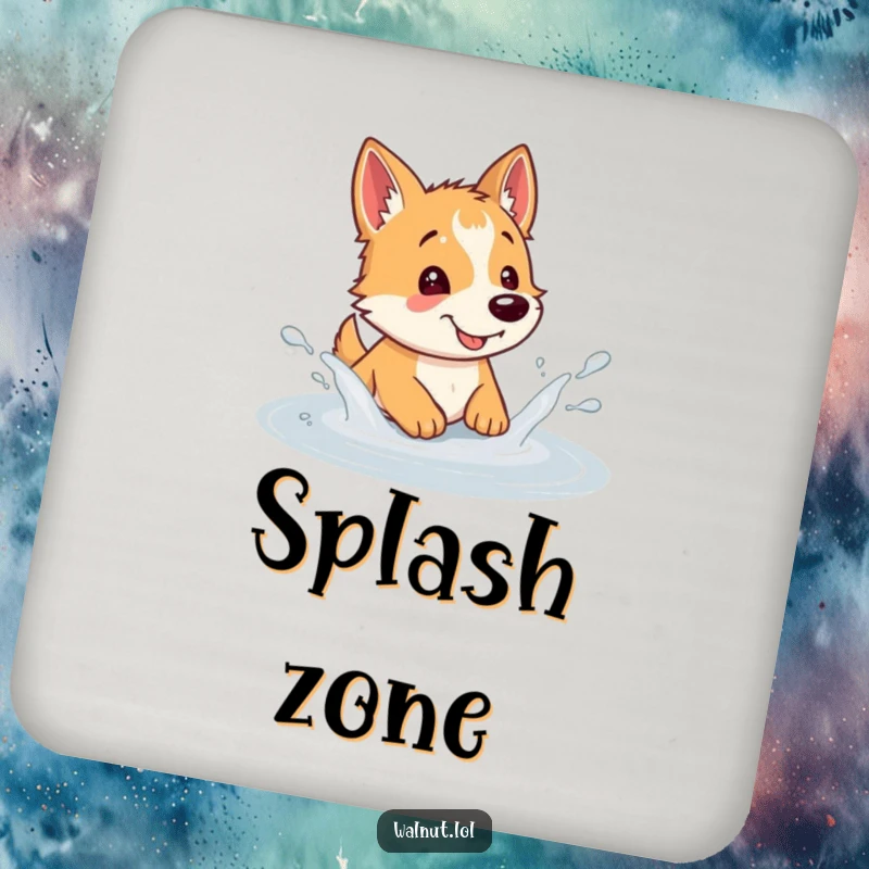 Funny dog coaster with a wild dog humorously splashing in a puddle, protecting your furniture with canine charm.