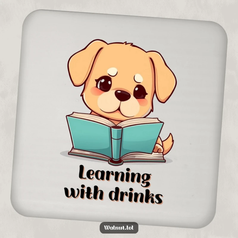Funny dog coaster with a dog intently reading a book with a furrowed brow, protecting surfaces smartly, funny gift.
