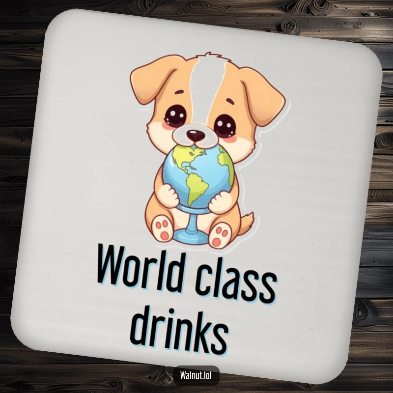 Funny drink coaster with a dog holding a tiny globe with a thoughtful gaze, adding global charm and surface protection.