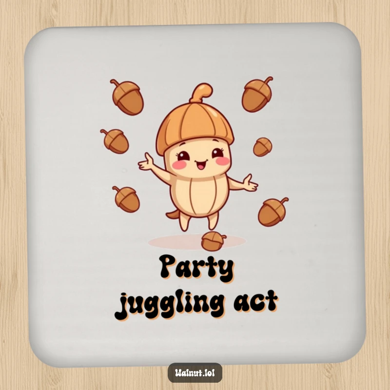 Funny drink coaster featuring a walnut character in a jaunty cap, playfully juggling acorns.