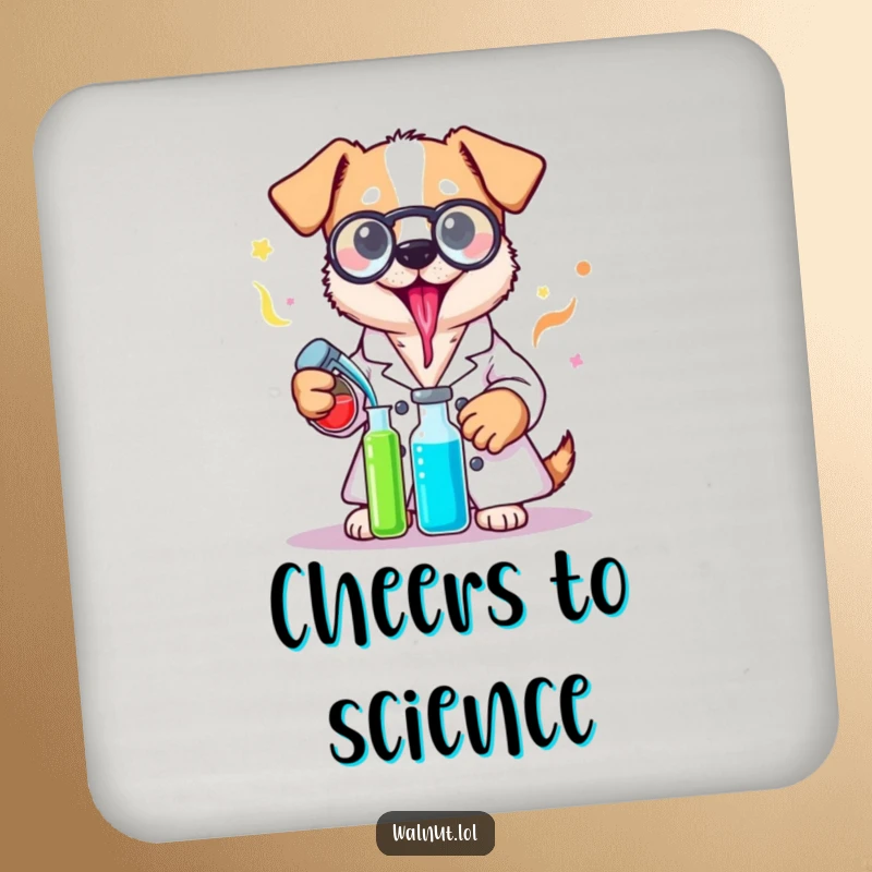 Funny lab coat dog coaster with a dog scientist mixing liquids, adding protection and humor to any surface.