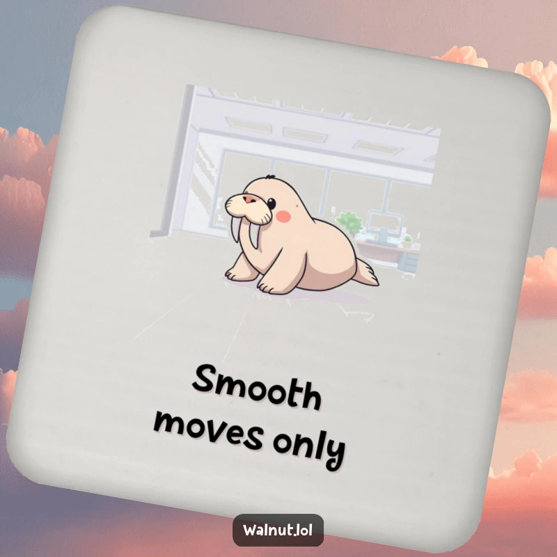 Funny drink coaster with a walrus sliding across a polished office floor, a humorous and practical addition to any desk or table.