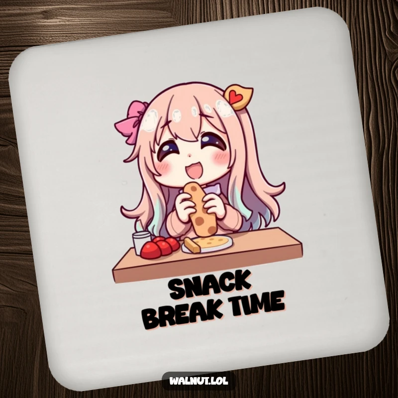 Funny drink coaster featuring a character's gleeful outdoor snack moment. A small but humorous addition to any table.