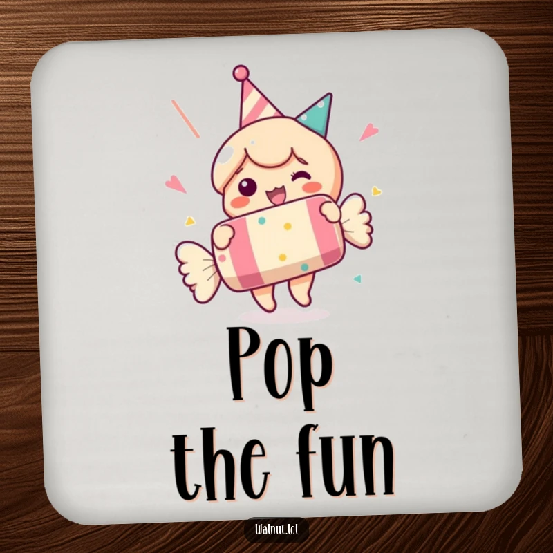 Funny drink coasters featuring a character popping a party cracker. Protects surfaces with festive humor. Gift.