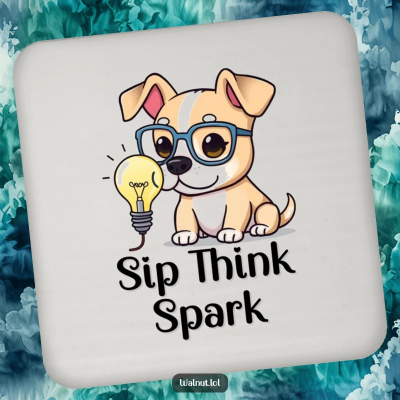 Funny Drink Coaster featuring an intelligent dog in spectacles, pondering a lightbulb. Adds a touch of humor and protection.