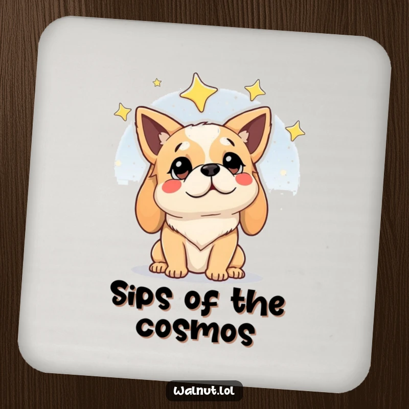 Funny drink coaster with a dog looking wisely at a starry night sky, adding cosmic charm and surface protection.