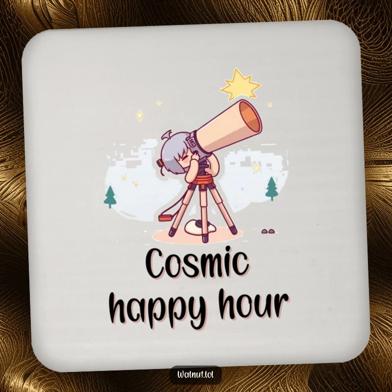 Funny Drink Coasters with a cute character stargazing through a giant telescope, protecting surfaces with cosmic charm.